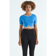 Tommy Life 97266 Saks Bel Bağlama Detaylı O Yaka Standart Kalıp Dalgıç Kumaş Kadın Crop T-Shirt