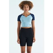 Tommy Life 97270 Açık Mavi Renk Bloklu Logo Baskılı O Yaka Dar Kalıp Kadın Crop T-Shirt