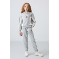 TOMMY LIFE Gri Melanj Pamuklu İçi Tüylü Yumuşak Dokulu Standart Fit Baskılı Kız Çocuk Eşofman Takım - 75166