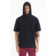 Tommylife 88179 Siyah Kapüşonlu Kol Etiket Detaylı Oversize Erkek T-Shirt