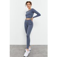 Tommylife 95286 Petrol Yüksek Bel Uzun Kollu Slim Fit Crop Top Kadın Tayt Takım
