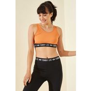 Tommylife 97113 Oranj Yazı Şeritli Standart Kalıp U Yaka Kadın Spor Büstiyer