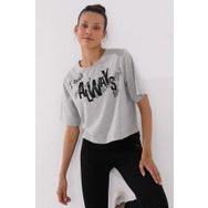 Tommylife 97136 Asimetrik Yazı Baskılı Oversize O Yaka Gri Melanj Kadın T-shirt