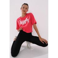 Tommylife 97136 Asimetrik Yazı Baskılı Oversize O Yaka Rose Kadın T-shirt