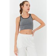 Tommylife 97162 Gri Melanj Kadın Basic Sıfır Kol Dar Kalıp U Yaka Crop Top Bluz