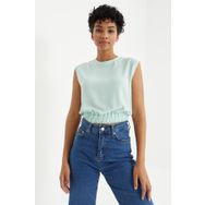 Tommylife 97226 Su Yeşili O Yaka Kolsuz Beli Lastikli Bürümcük Kumaş Crop Top Bayan T-Shirt