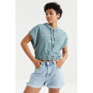 Tommylife 97230 Mint Yeşili Kapüşonlu Yazı Baskılı Beli Lastikli Bürümcük Kumaş Crop Top Bayan T-shirt