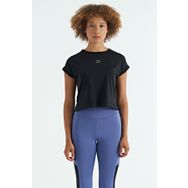 Tommylife 97262 Siyah Logo Baskılı O Yaka Düşük Kol Oversize Crop Bayan T-Shirt