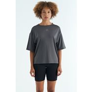 Tommylife 97263 Koyu Gri O Yaka Baskı Detaylı Oversize Kısa Kol Kadın T-Shirt