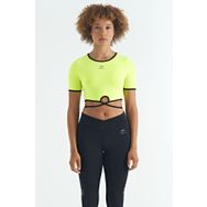 Tommylife 97266 Neon Sarı Bel Bağlama Detaylı O Yaka Standart Kalıp Dalgıç Kumaş Crop Kadın T-Shirt