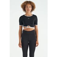 Tommylife 97266 Siyah Bel Bağlama Detaylı O Yaka Standart Kalıp Dalgıç Kumaş Crop Bayan T-Shirt