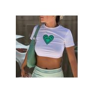 Touz Moda Vintage Green Heart Baskılı Beyaz Crop Kadın T-Shirt