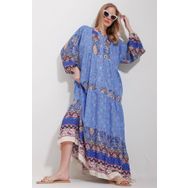 Trend Alaçatı Stili ALC-X11593 Kadın Mavi Hakim Yaka Şal Desenli Maxi Boy Elbise