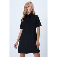 Trend Alaçatı Stili ALC-X14536 Siyah Polo Yaka Yarım Pat Düğmeli Dokulu Kadife Mini Elbise