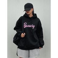 Trendseninle Beauty Baskılı Siyah Kapüşonlu Kadın Sweatshirt