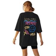 Trendseninle Breath Deeper Baskılı Siyah Oversize Kadın T-shirt