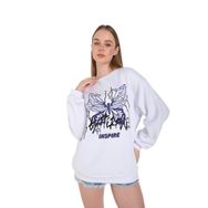 Trendseninle Butterflies Inspire Baskılı Beyaz 000 Oversize Kadın Sweatshirt