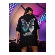 Trendseninle Butterfly Siyah Ön Arka Baskılı Oversize Kadın T-shirt