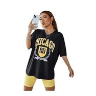 Trendseninle Chicago 1980 Baskılı Siyah Oversize Kadın T-shirt