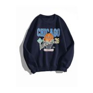 Trendseninle Chicago 76 Baskılı Koyu Lacivert Oversize Kadın Sweatshirt