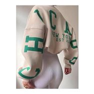 Trendseninle Chicago Baskılı Bej Kolları Oversize Bisiklet Yaka Kadın Sweatshirt