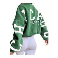 Trendseninle Chicago Baskılı Nefti Yeşil Kolları Bisiklet Yaka Oversize Kadın Sweatshirt