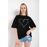 Trendseninle Çizgili Figür Kalp Have A Holiday Baskılı Siyah Kadın T-shirt