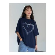 Trendseninle Çizgili Figür Kalp Lacivert Have A Holiday Baskılı Koyu Lacivert Kadın T-shirt