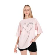 Trendseninle Çizgili Figür Kalp Pudra Pembe Have A Holiday Baskılı Pudra Pembe Kadın T-shirt