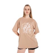 Trendseninle Çizgili Figür Vizon Oversize Kadın T-shirt