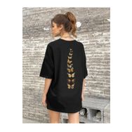 Trendseninle Dikey Kelebekler Baskılı Siyah Oversize Kadın T-shirt