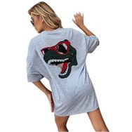 Trendseninle Dinazor Sırt Baskılı Gri Oversize Kadın T-shirt