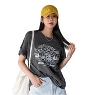 Trendseninle Explore Baskılı Koyu Gri Bisiklet Yaka Oversize Kadın T-shirt