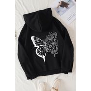 Trendseninle Flower Butterflies Baskılı Siyah Oversize Hoodie Kadın Sweatshirt