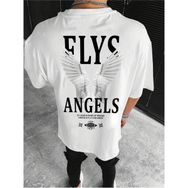 Trendseninle Flys Angels Baskılı Beyaz Oversize Erkek T-shirt