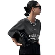 Trendseninle Füme Energy Attitude Baskılı Füme Oversize Kadın T-shirt