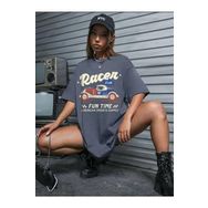 Trendseninle Füme Racer Antrasit Bisiklet Yaka Oversize Kadın T-shirt