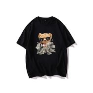 Trendseninle Gözlüklü Ayı Baskılı Siyah Oversize Erkek T-shirt