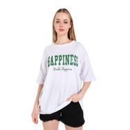 Trendseninle Happıness Baskılı Beyaz Oversize Kadın T-shirt