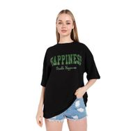 Trendseninle Happıness Baskılı Siyah Oversize Kadın T-shirt