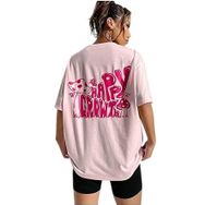 Trendseninle Happy Crowt Baskılı Pudra Pembe Oversize Kadın T-shirt