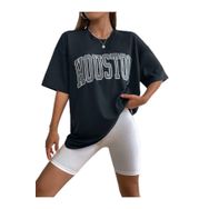 Trendseninle Houston Baskılı Siyah Oversize Kadın T-shirt