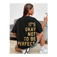 Trendseninle Its Okay Baskılı Siyah Oversize Kadın T-shirt