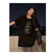 Trendseninle Kadın Siyah Tavşan Baskılı Siyah Oversize Kadın T-shirt