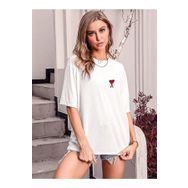 Trendseninle Kalp Baskılı Beyaz Oversize Kadın T-shirt