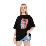 Trendseninle Kedi Baskılı Siyah Oversize Kadın T-shirt