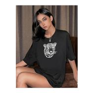 Trendseninle Leopar Figür Baskılı Açık Siyah Oversize Kadın T-shirt