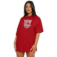 Trendseninle Leopar Figür Baskılı Kırmızı Oversize Kadın T-shirt