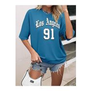 Trendseninle Los Angeles 91 Baskılı İndigo Mavi Oversize Kadın T-shirt