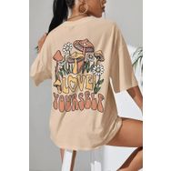 Trendseninle Love Yourself Baskılı Bej Oversize Kadın T-shirt